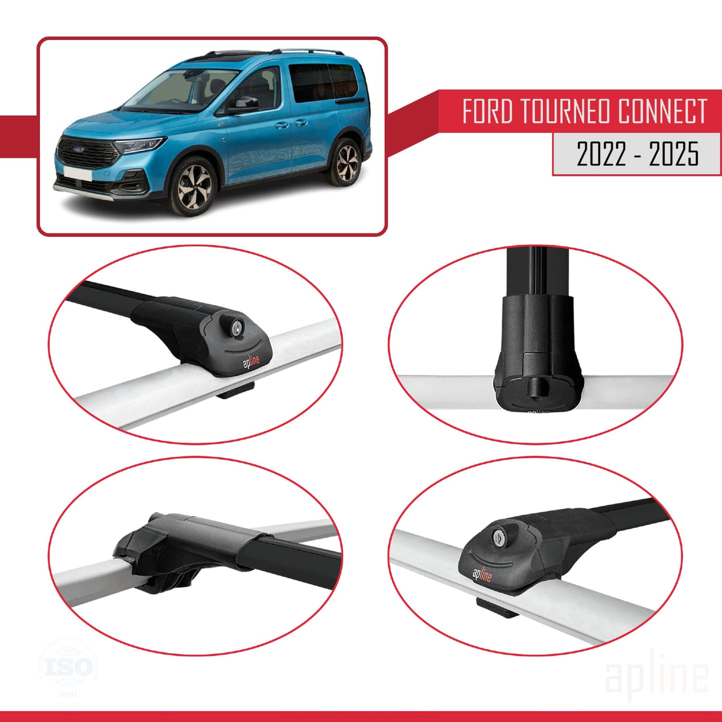 Kompatibel mit Ford Transit/Tourneo Connect 3 2022-2025 ACE-1 Dachgepäckträger, Reling, Gepäckträger, schwarzes Aluminium, 3 Stangen