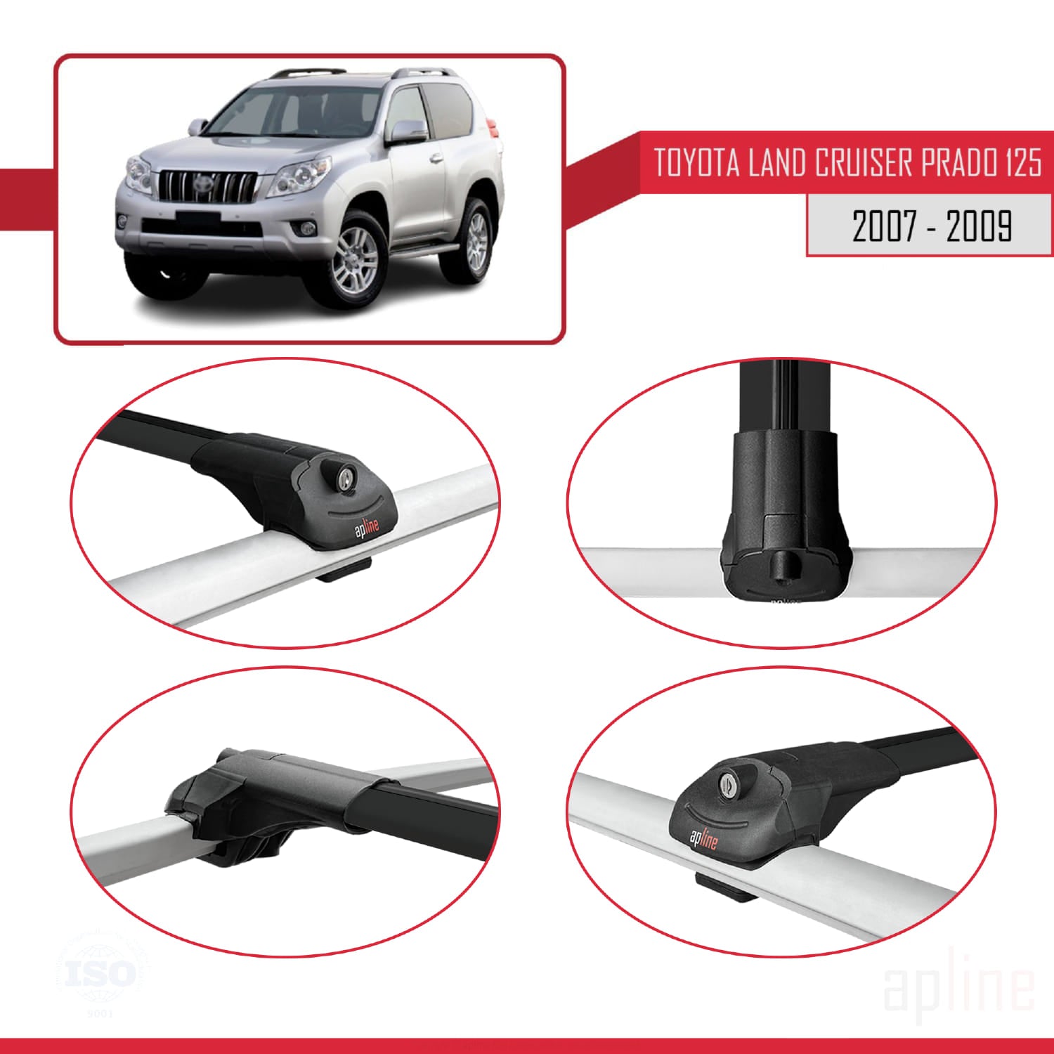 Compatible avec Toyota Land Cruiser Prado (J125) 2007-2009 ACE-1 Barres de Toit Railing Porte-Bagages de Voiture Noir Aluminium 2 Barres