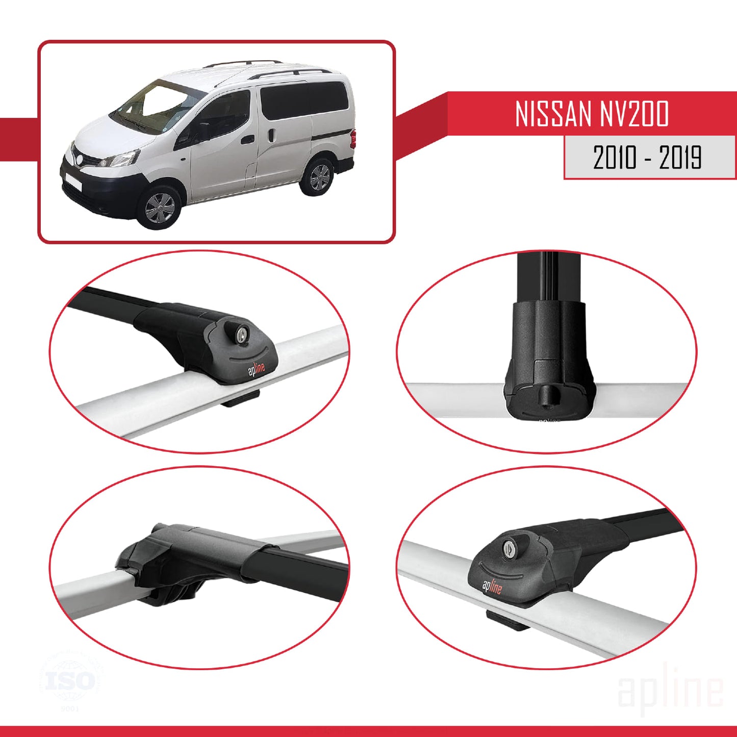 Compatible with Nissan NV200 (M20) 2010-2019 ACE-1 Car Roof Rack Cross Bar Black Aluminium 3 Bars