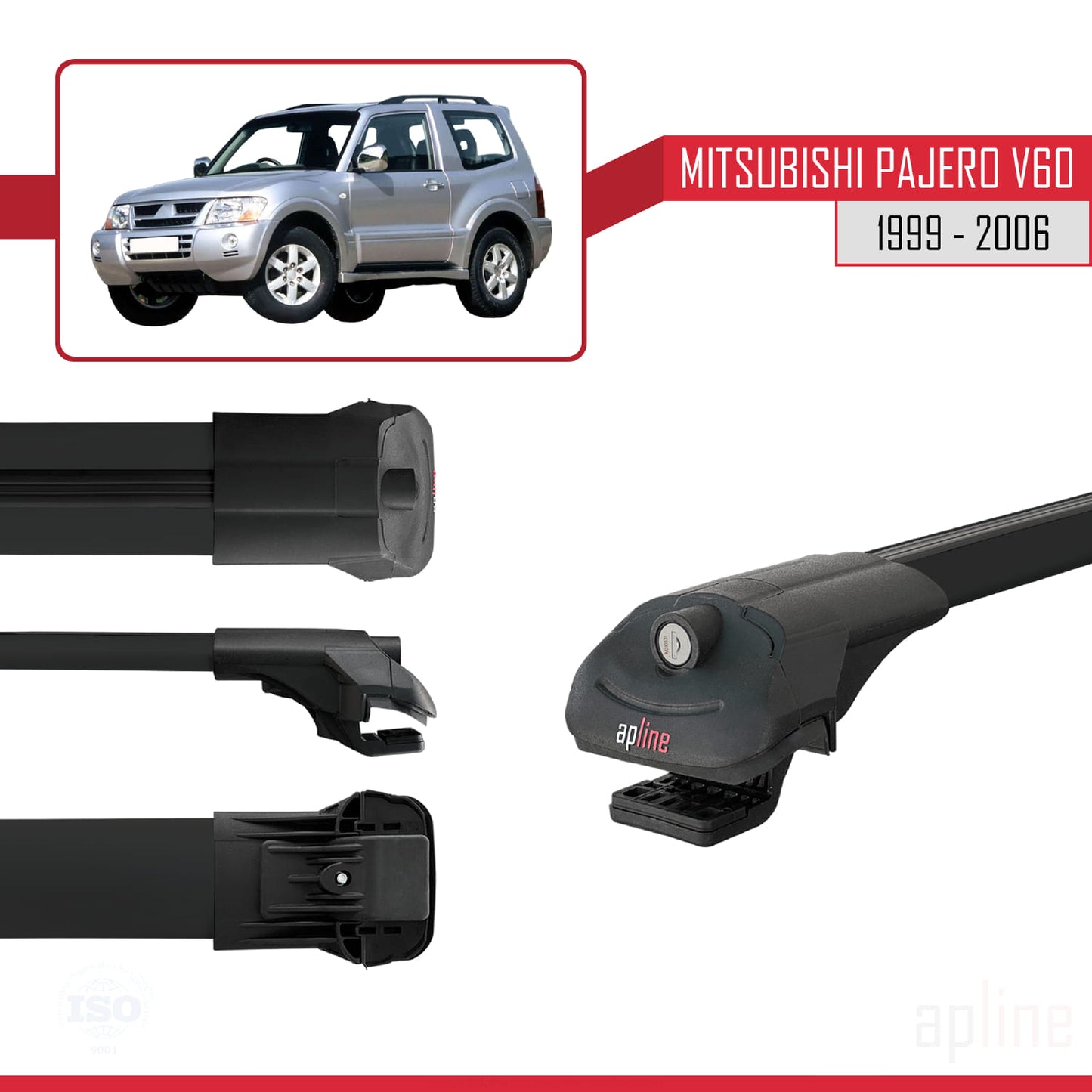 Compatible avec Mitsubishi Pajero (V60) 3 Kapı 1999-2006 ACE-1 Barres de Toit Railing Porte-Bagages de Voiture Noir Aluminium 3 Barres