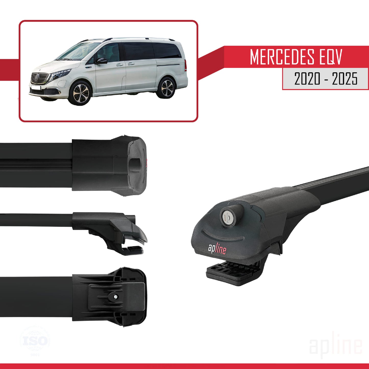 Compatible with Mercedes EQV (W447) 2020-2025 ACE-1 Car Roof Rack Cross Bar Black Aluminium 2 Bars