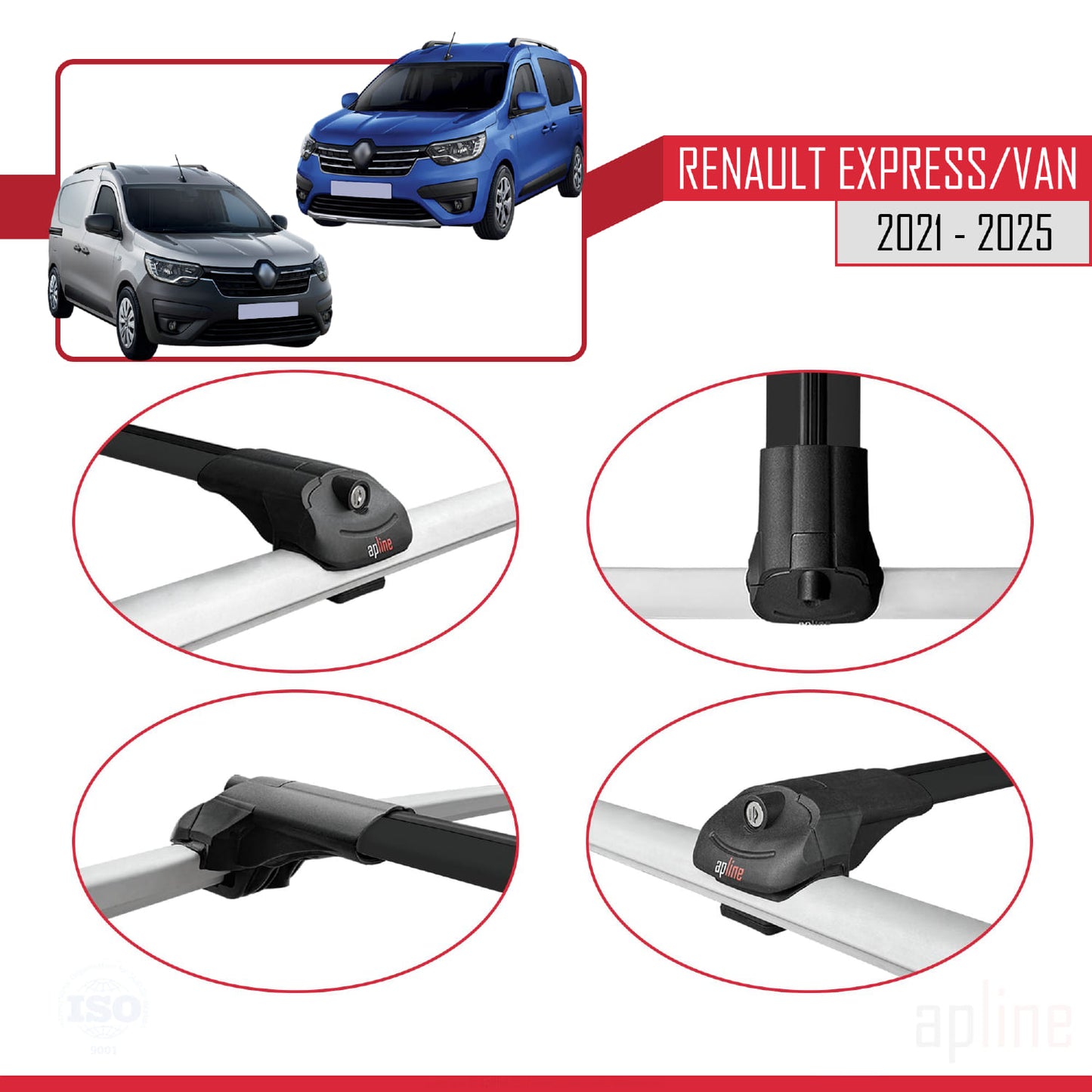 Compatible avec Renault Express 2021-2025 ACE-1 Barres de Toit Railing Porte-Bagages de Voiture Noir Aluminium 4 Barres