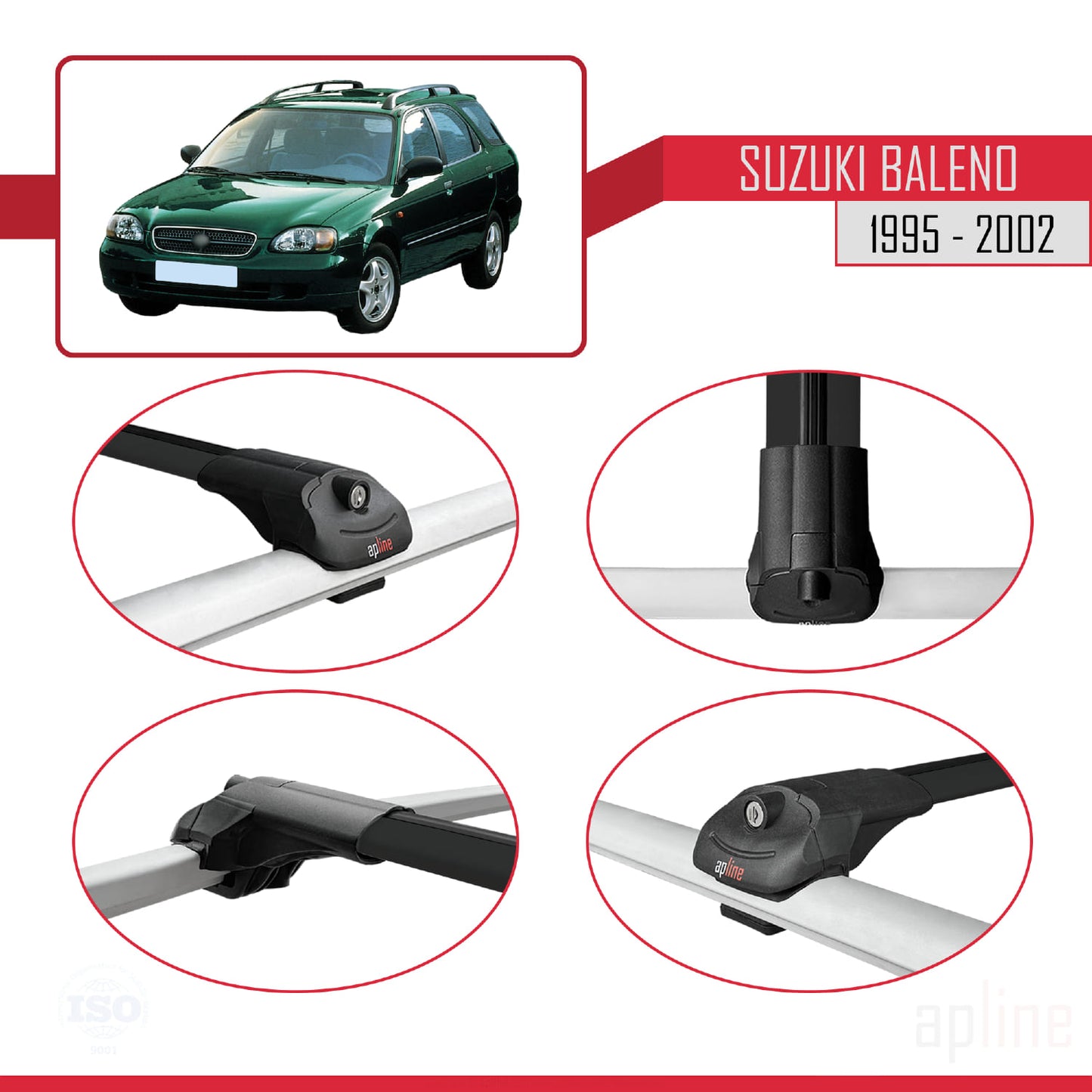 Compatible avec Suzuki Baleno 1995-2002 ACE-1 Barres de Toit Railing Porte-Bagages de Voiture Noir Aluminium 2 Barres