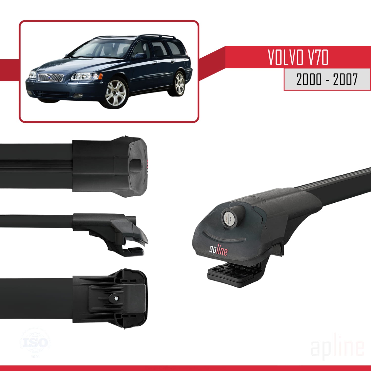 Compatible avec Volvo V70 2000-2007 ACE-1 Barres de Toit Railing Porte-Bagages de Voiture Noir Aluminium 3 Barres