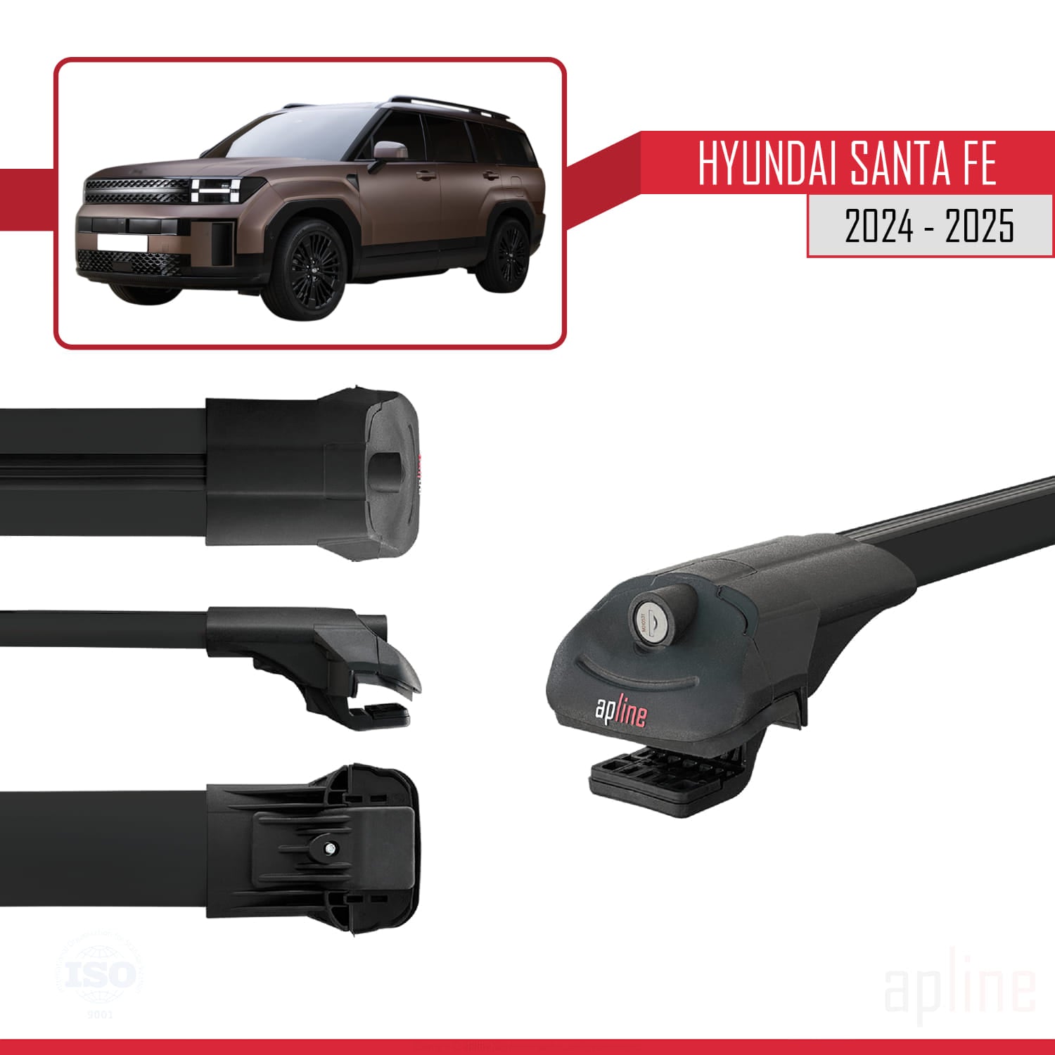 Compatible avec Hyundai Santa Fe 2024-2025 ACE-1 Barres de Toit Railing Porte-Bagages de Voiture Noir Aluminium 2 Barres
