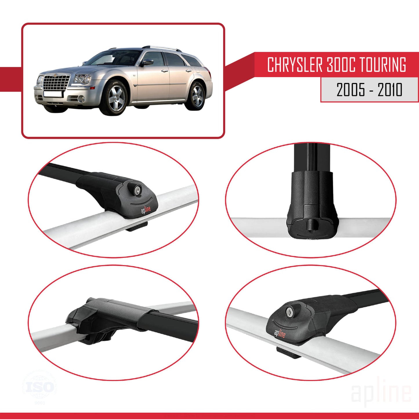 Compatible avec Chrysler 300C Touring 2005-2010 ACE-1 Barres de Toit Railing Porte-Bagages de Voiture Noir Aluminium 3 Barres