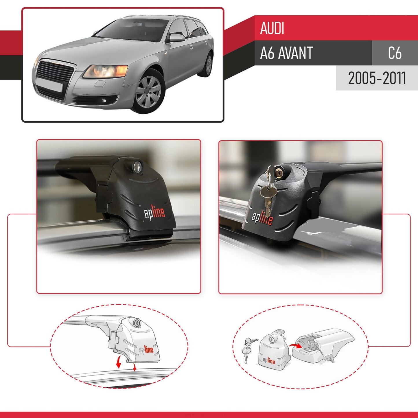 Compatible with A6 (C6) Avant 2005-2011 ACE-2 Car Roof Rack Cross Bar Black Aluminium 2 Bars