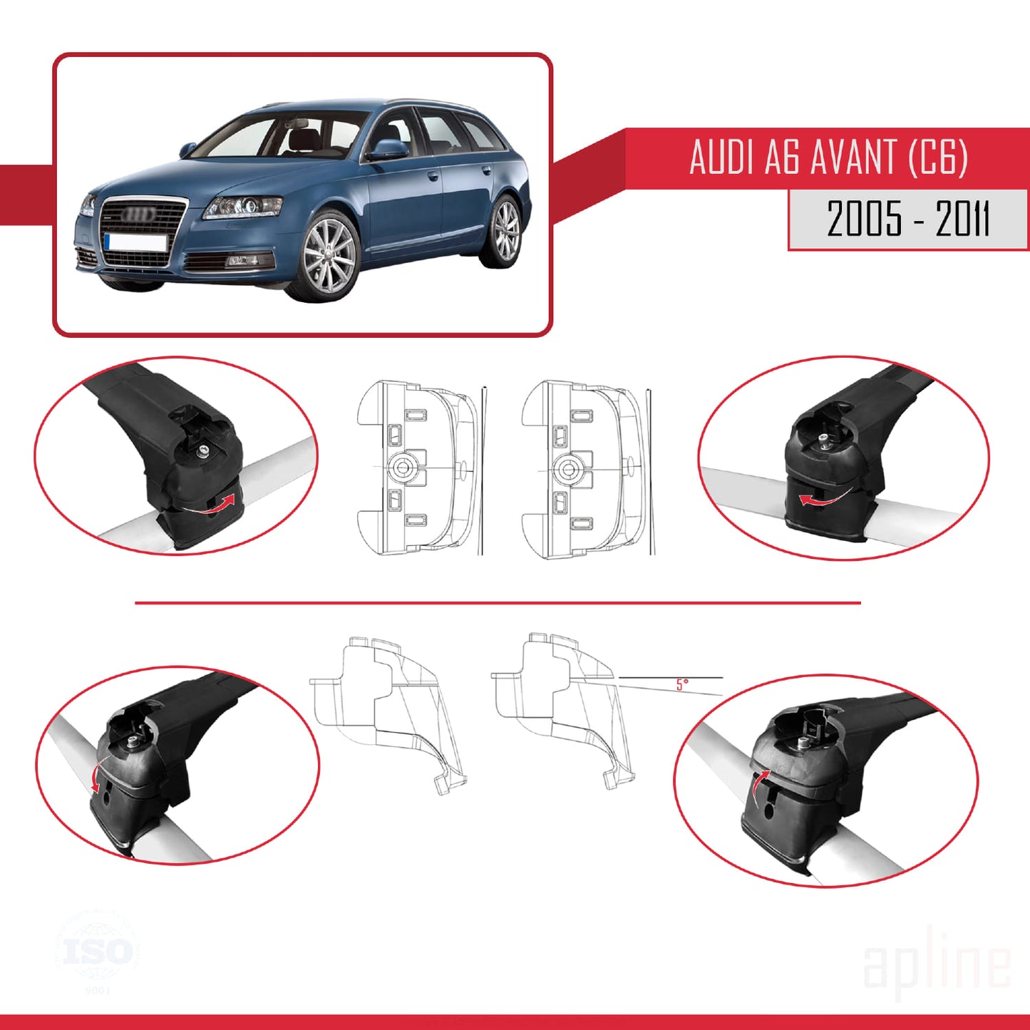 Kompatibel mit A6 (C6) Avant 2005-2011 ACE-2 Dachgepäckträger, schwarzes Aluminium, 2 Stangen