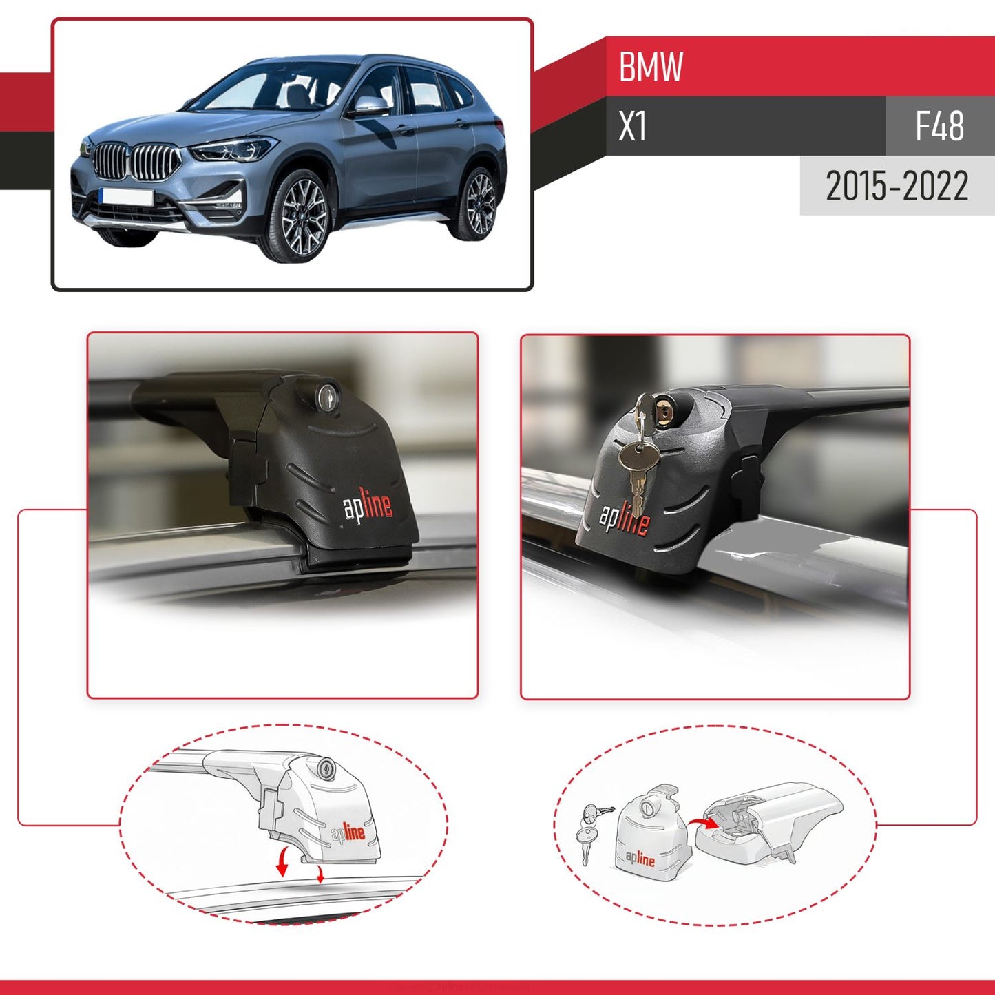 Compatible with BMW X1 (F48) 2016-2022 ACE-2 Car Roof Rack Cross Bar Black Aluminium 2 Bars
