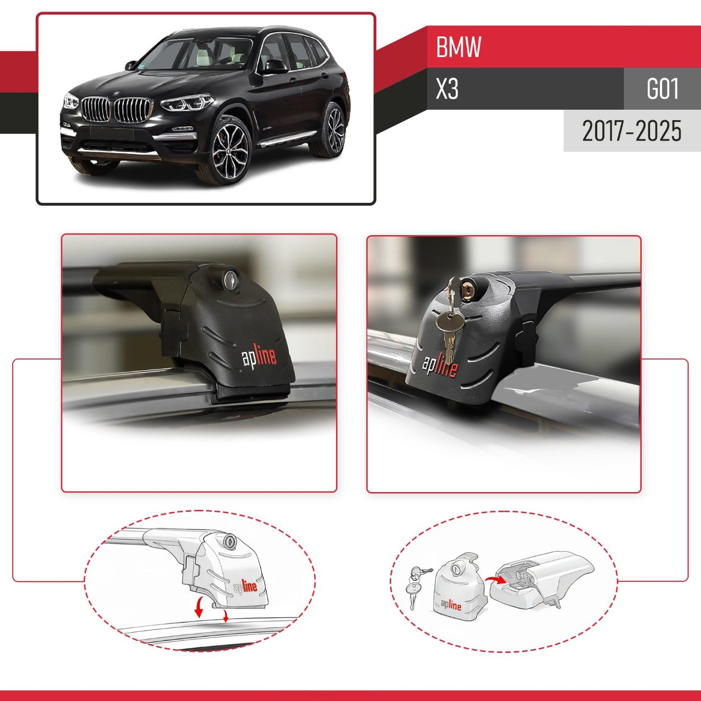 Kompatibel mit BMW X3 (G01) 2018-2024 ACE-2 Relingträger Dachträger Auto Gepäckträger Schwarz Aluminium 2 Stangen