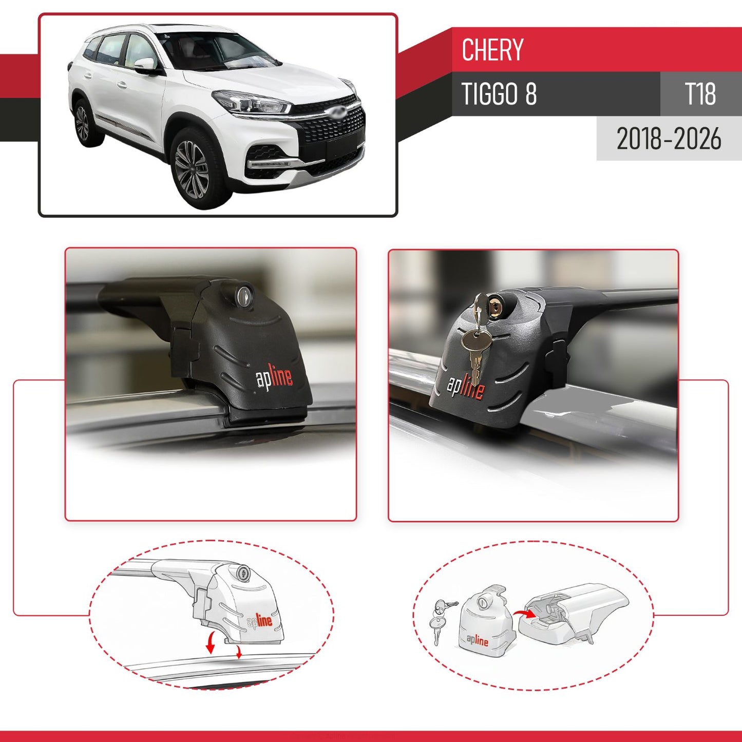 Compatible with Chery Tiggo 8 2018-2024 ACE-2 Car Roof Rack Cross Bar Black Aluminium 2 Bars