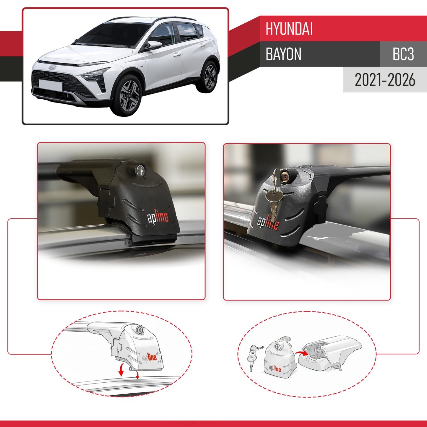 Compatible with Hyundai Bayon (BC3) 2021-2025 ACE-2 Car Roof Rack Cross Bar Black Aluminium 2 Bars