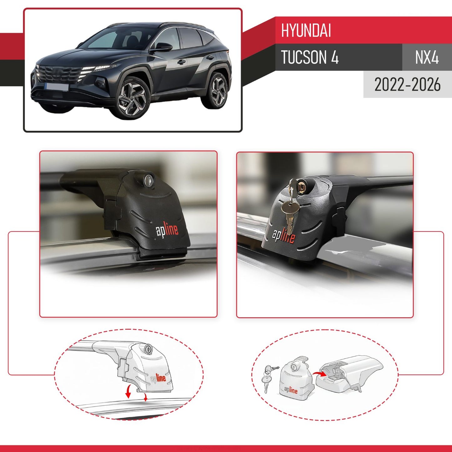 Kompatibel mit Hyundai Tucson 4 (NX4) 2022-2025 ACE-2 Relingträger Dachträger Auto Gepäckträger Schwarz Aluminium 2 Stangen