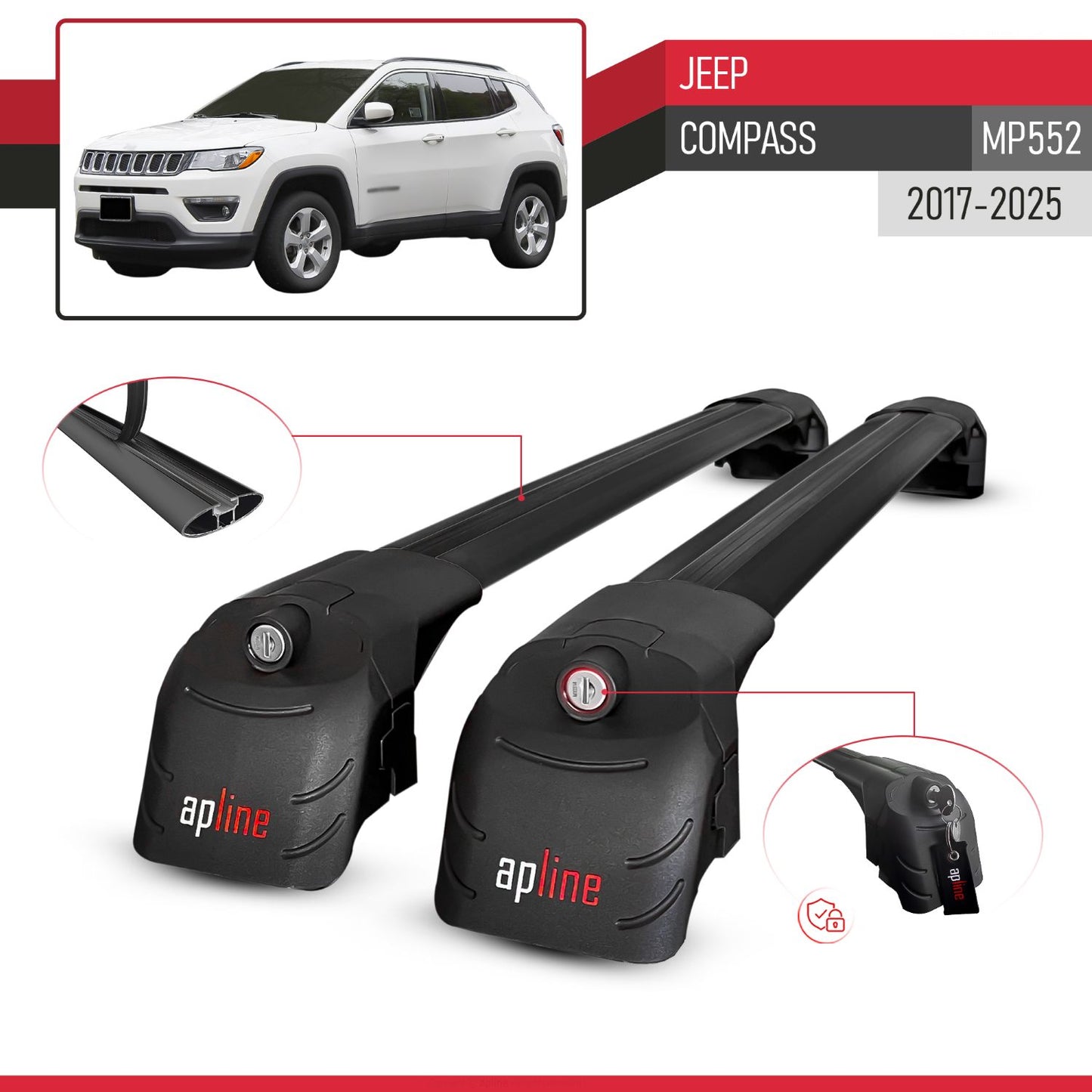 Kompatibel mit Jeep Compass 2017-2025 ACE-2 Relingträger Dachträger Auto Gepäckträger Schwarz Aluminium 2 Stangen