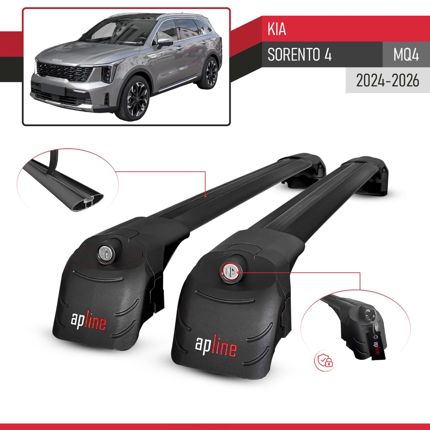 Kompatibel mit Kia Sorento 4 (MQ4) 2021-2025 ACE-2 Relingträger Dachträger Auto Gepäckträger Schwarz Aluminium 2 Stangen