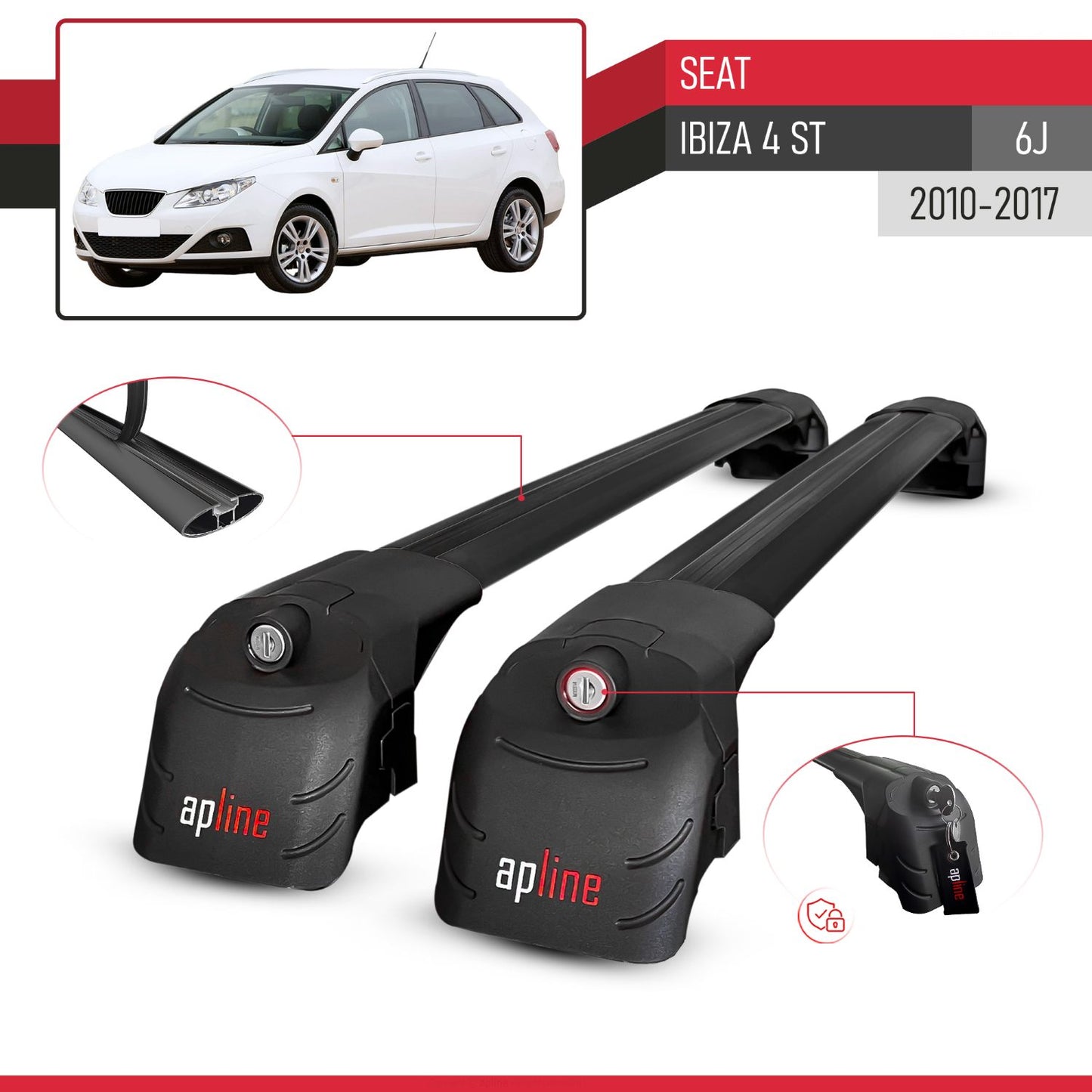 Kompatibel mit Seat Ibiza 4 (6J) ST 2010-2017 ACE-2 Relingträger Dachträger Auto Gepäckträger Schwarz Aluminium 2 Stangen