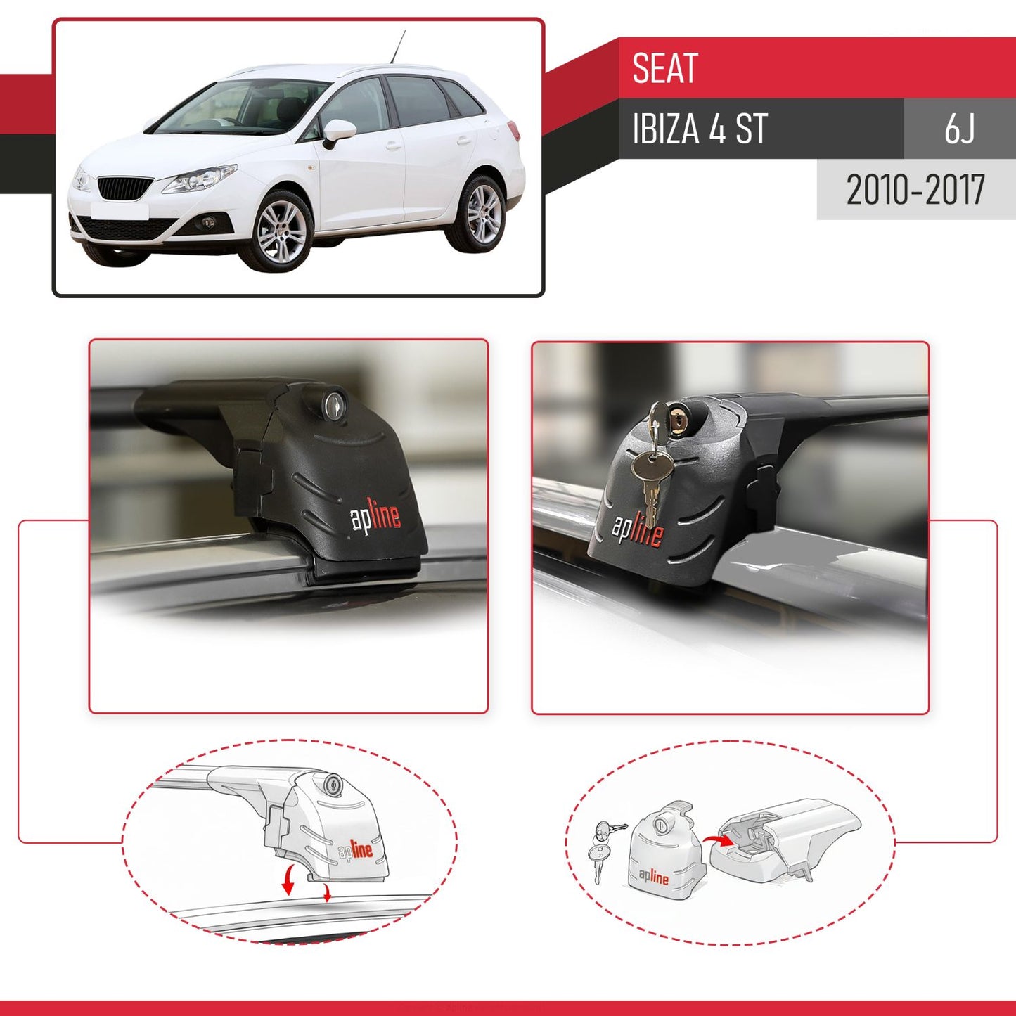 Kompatibel mit Seat Ibiza 4 (6J) ST 2010-2017 ACE-2 Relingträger Dachträger Auto Gepäckträger Schwarz Aluminium 2 Stangen