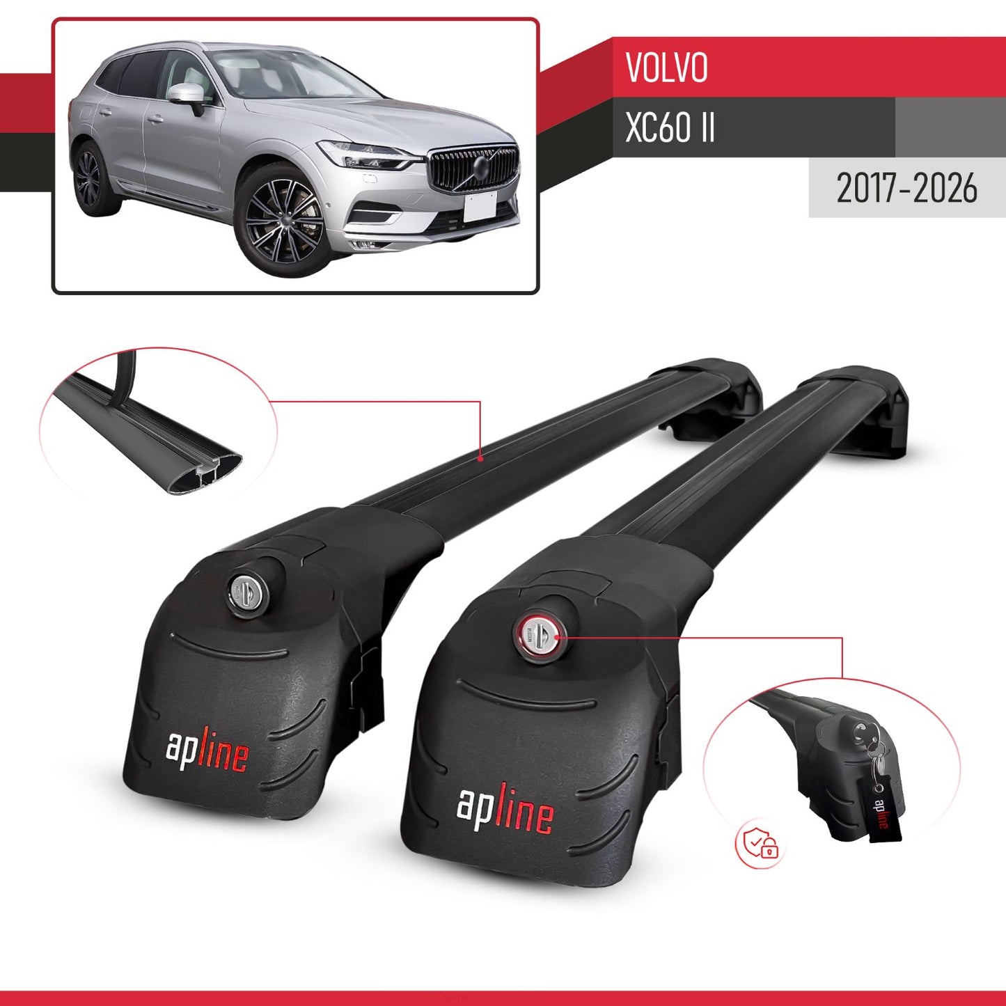 Kompatibel mit Volvo XC60 II 2017-2025 ACE-2 Relingträger Dachträger Auto Gepäckträger Schwarz Aluminium 2 Stangen