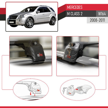 Compatible with Mercedes M Class 2 (W164) Post-Facelift 2008-2011 ACE-2 Car Roof Rack Cross Bar Black Aluminium 2 Bars