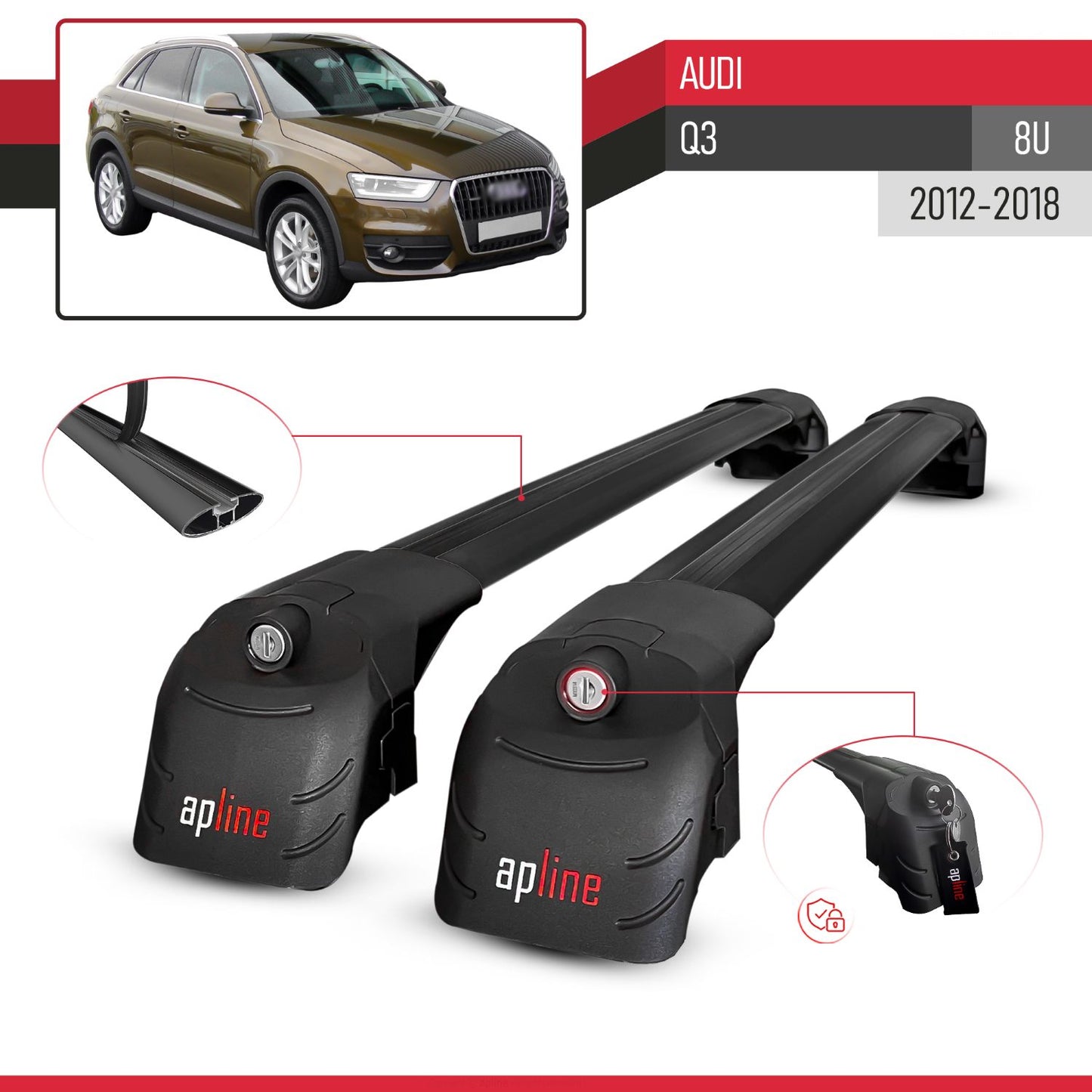 Kompatibel mit Q3 (8U) 2012-2018 ACE-2 Relingträger Dachträger Auto Gepäckträger Schwarz Aluminium 2 Stangen