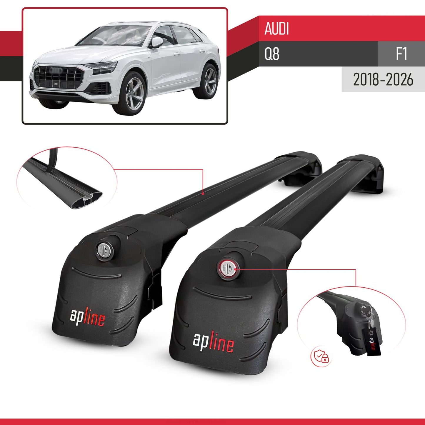Compatible with Q8 (F1) 2018-2025 ACE-2 Car Roof Rack Cross Bar Black Aluminium 2 Bars