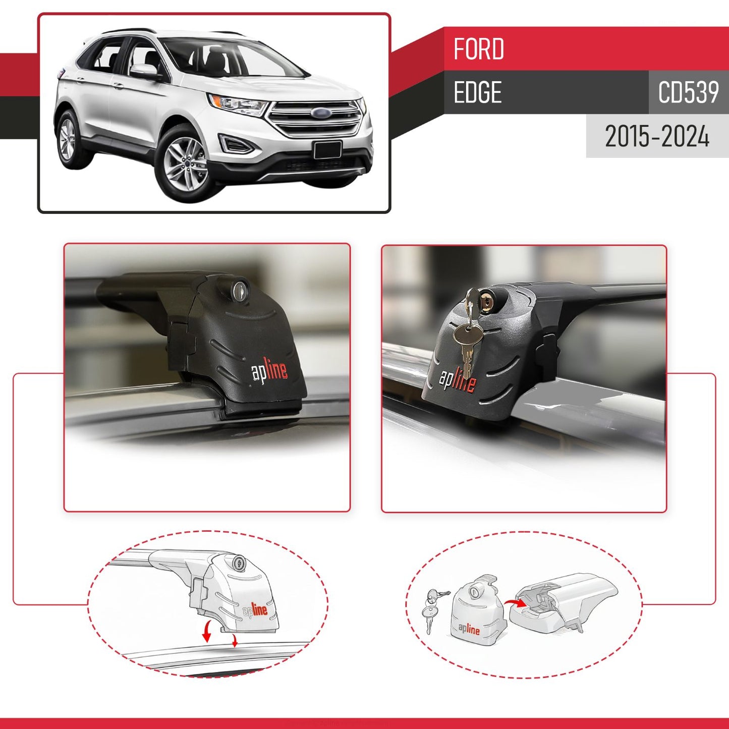 Compatible with Ford Edge (CD539) 2016-2021 ACE-2 Car Roof Rack Cross Bar Black Aluminium 2 Bars