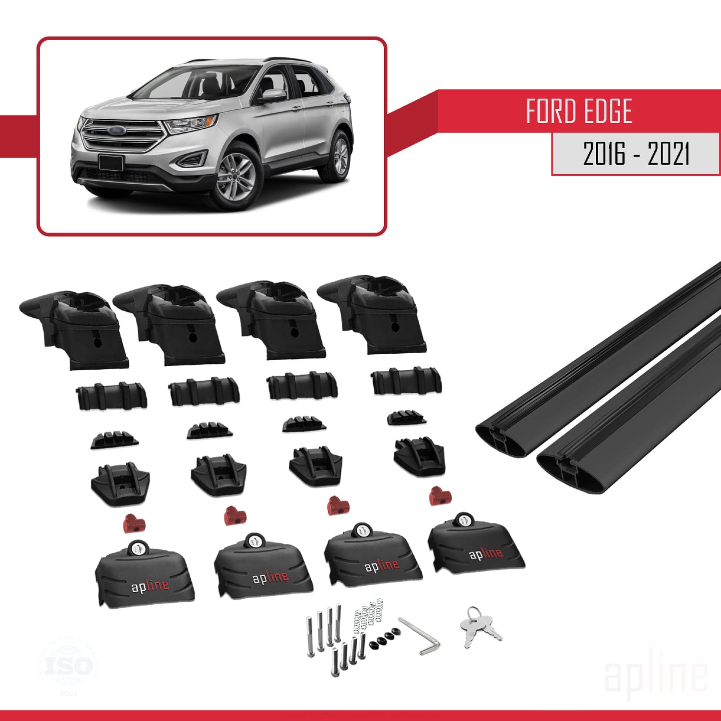 Kompatibel mit Ford Edge (CD539) 2016-2021 ACE-2 Dachträger, Auto-Dachgepäckträger, schwarzes Aluminium, 2 Stangen
