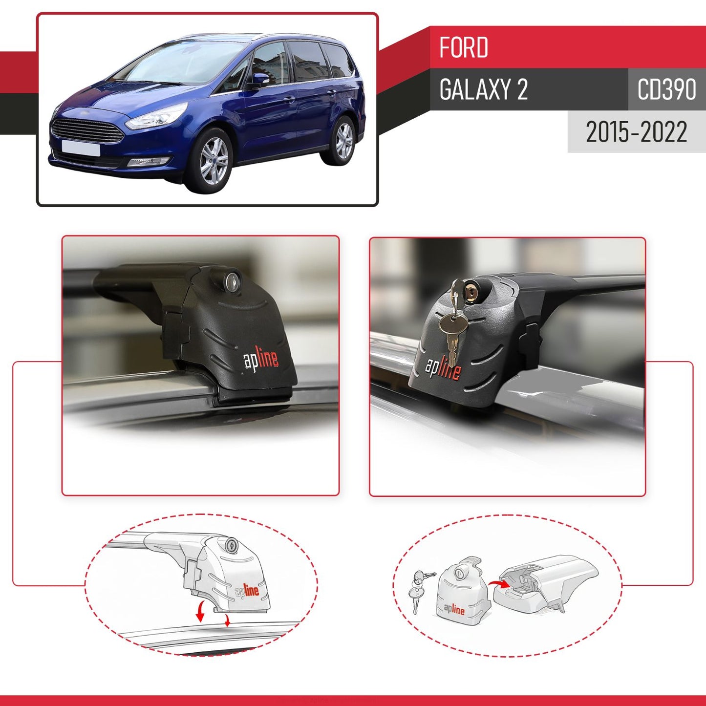 Kompatibel mit Ford Galaxy 2 (CD390) 2015-2022 ACE-2 Relingträger Dachträger Auto Gepäckträger Schwarz Aluminium 2 Stangen