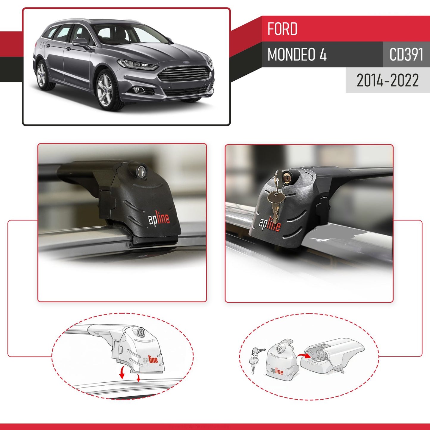 Kompatibel mit Ford Mondeo 4 (CD391) 2014-2022 ACE-2 Relingträger Dachträger Auto Gepäckträger Schwarz Aluminium 2 Stangen