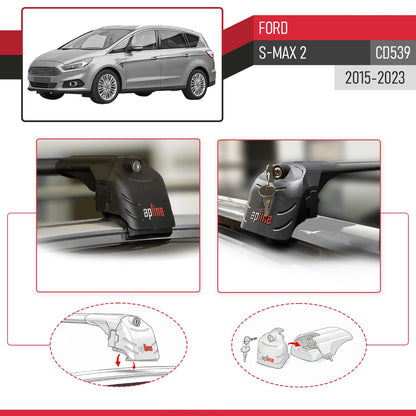 Compatible with Ford S-Max 2 (CD539) 2015-2023 ACE-2 Car Roof Rack Cross Bar Black Aluminium 2 Bars