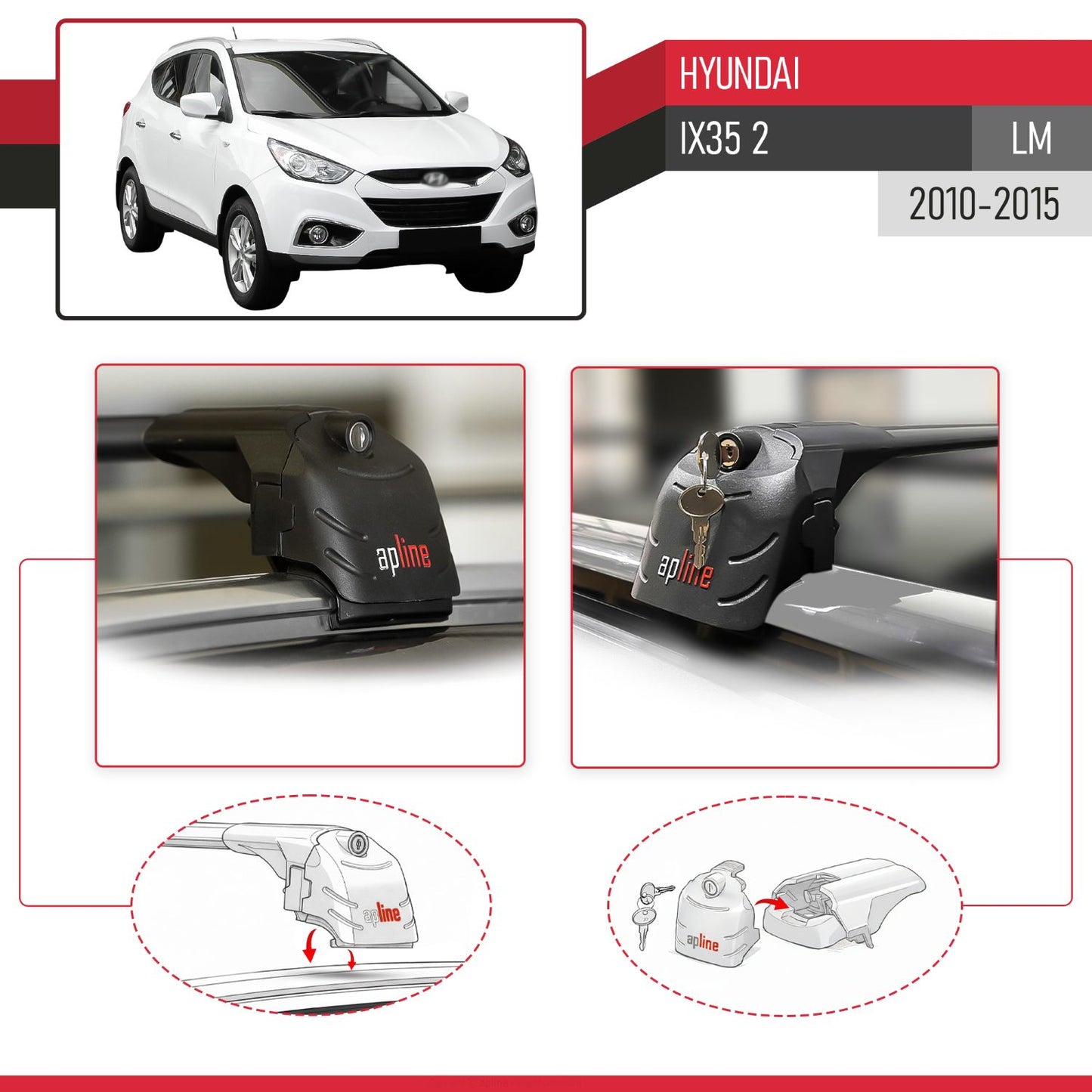 Kompatibel mit Hyundai ix35 2 (LM) 2010-2015 ACE-2 Relingträger Dachträger Auto Gepäckträger Schwarz Aluminium 2 Stangen