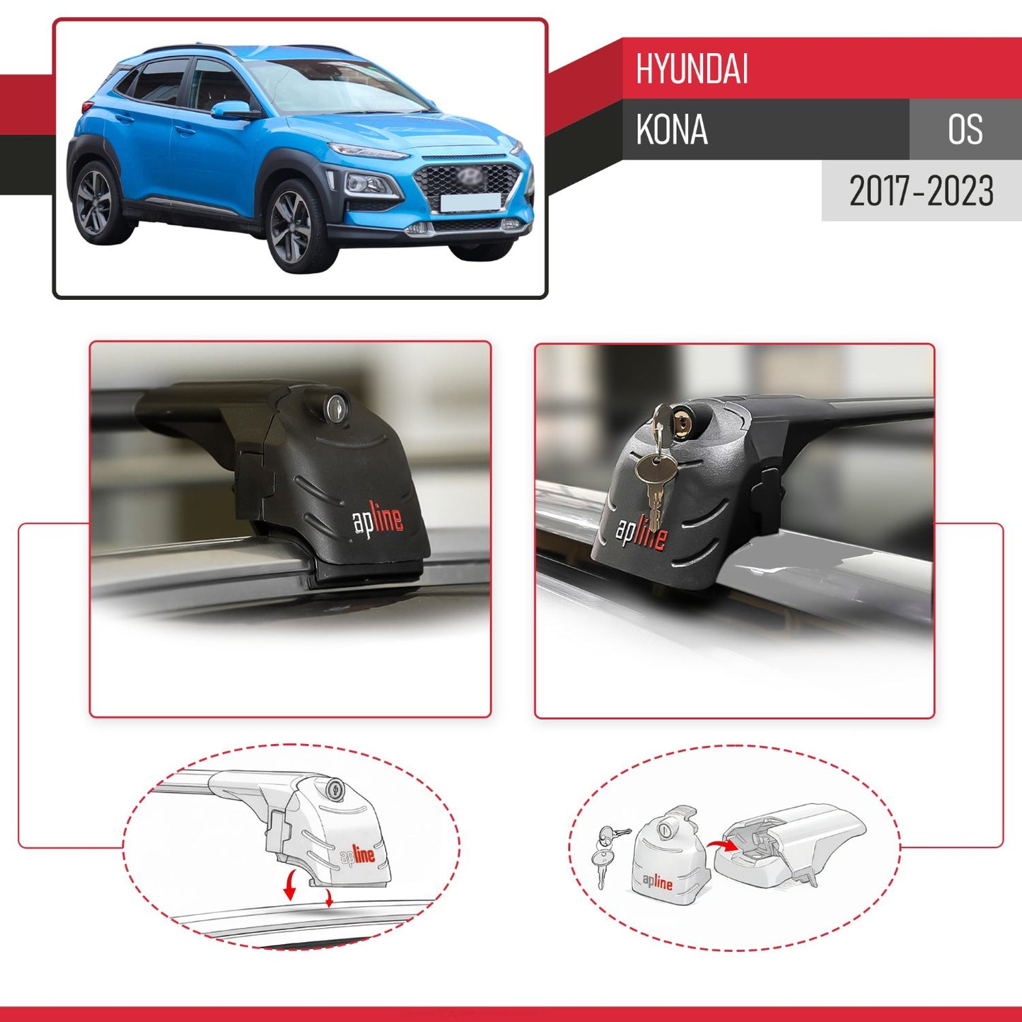 Kompatibel mit Hyundai Kona (OS) 2017-2022 ACE-2 Relingträger Dachträger Auto Gepäckträger Schwarz Aluminium 2 Stangen