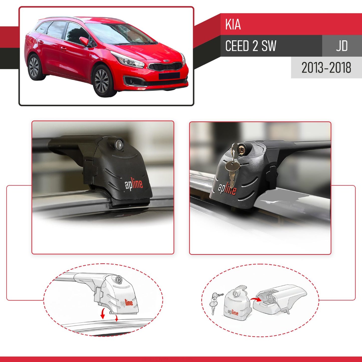 Compatible with Kia Ceed 2 (JD) SW 2013-2018 ACE-2 Car Roof Rack Cross Bar Black Aluminium 2 Bars