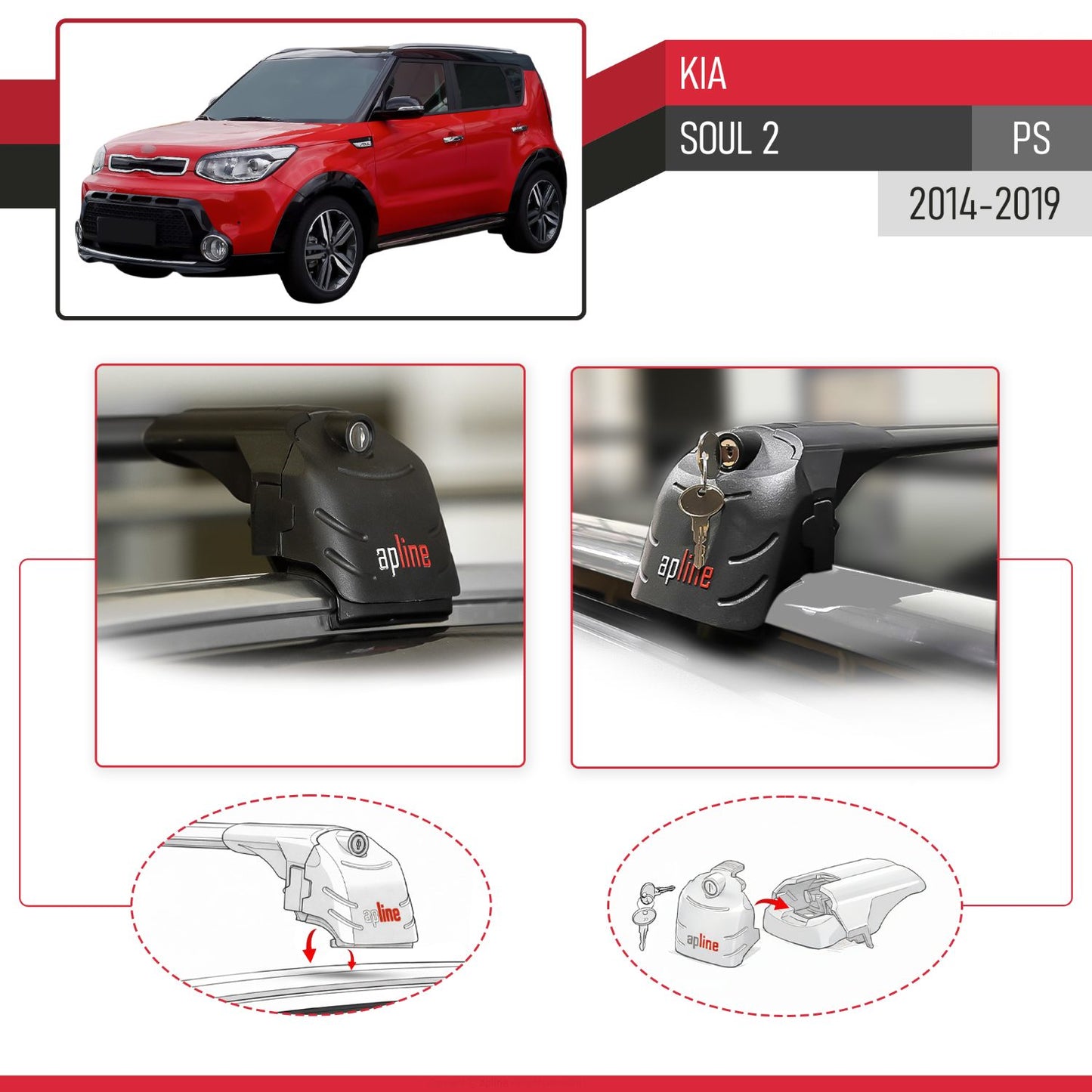 Kompatibel mit Kia Soul 2 (PS) 2014-2019 ACE-2 Relingträger Dachträger Auto Gepäckträger Schwarz Aluminium 2 Stangen