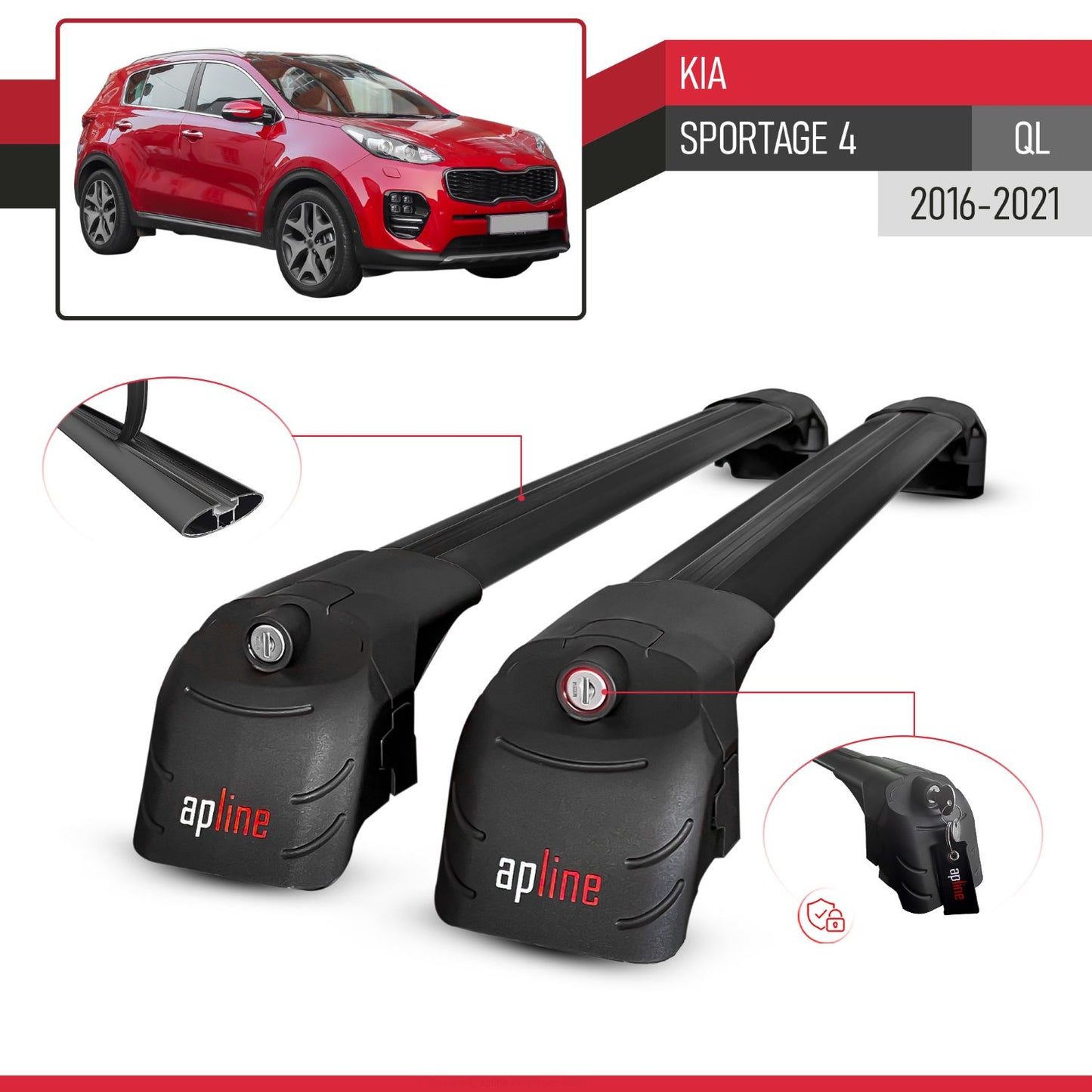 Kompatibel mit Kia Sportage 4 (QL) 2016-2021 ACE-2 Relingträger Dachträger Auto Gepäckträger Schwarz Aluminium 2 Stangen