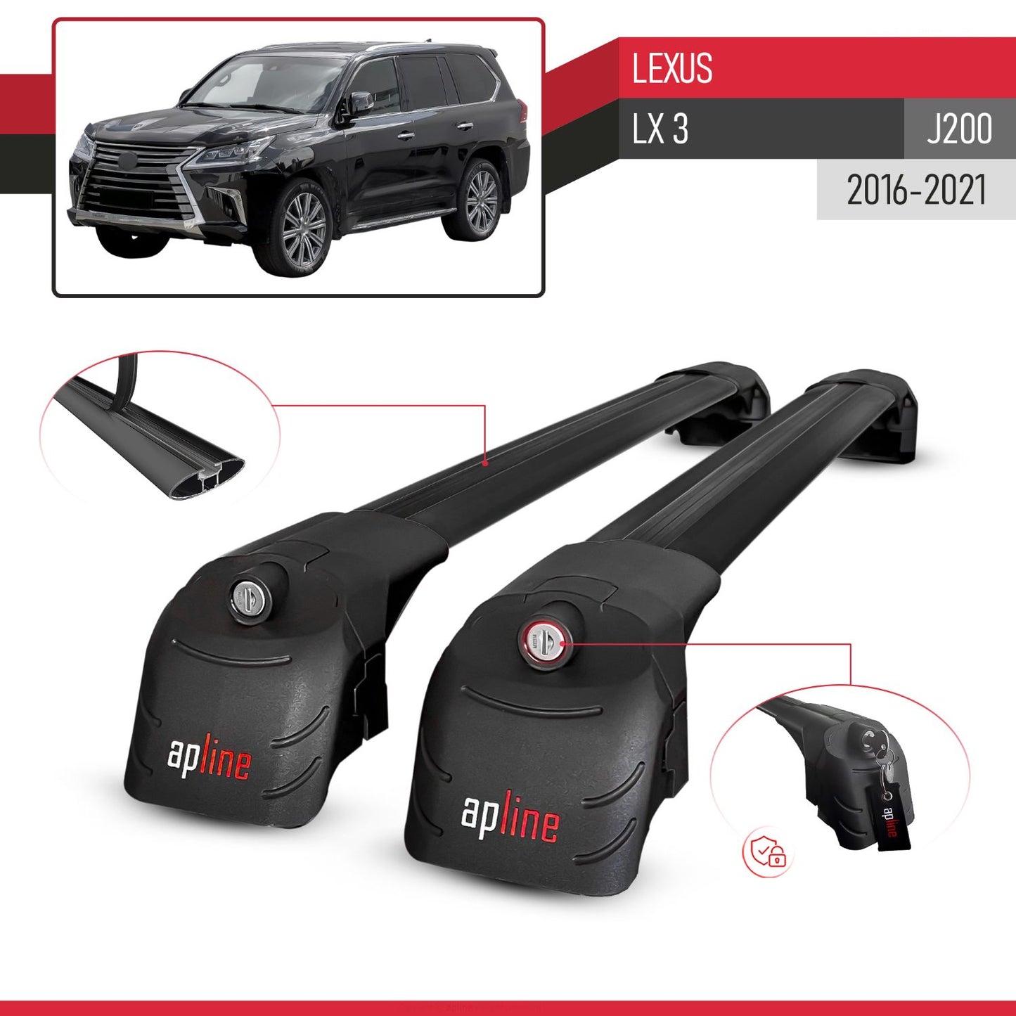 Kompatibel mit Lexus LX 3 (J200) 2016-2021 ACE-2 Relingträger Dachträger Auto Gepäckträger Schwarz Aluminium 2 Stangen