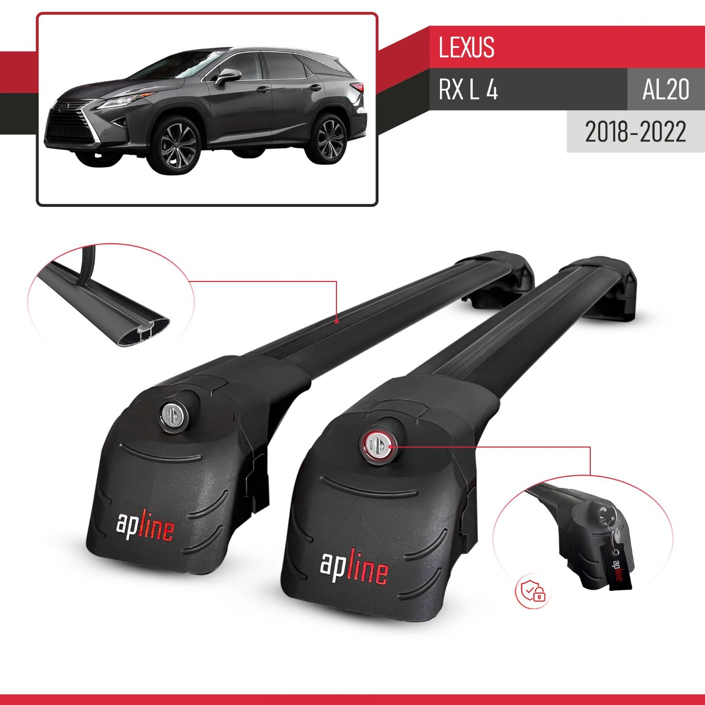 Kompatibel mit Lexus RX 4 L (AL20) 2018-2022 ACE-2 Relingträger Dachträger Auto Gepäckträger Schwarz Aluminium 2 Stangen