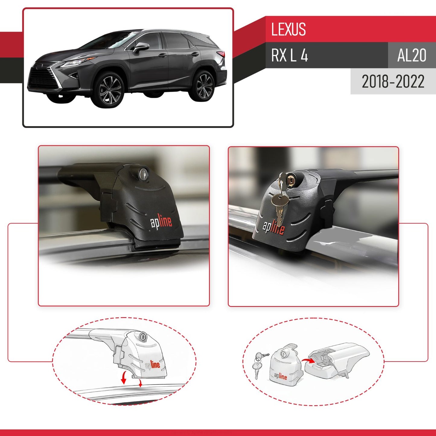 Kompatibel mit Lexus RX 4 L (AL20) 2018-2022 ACE-2 Relingträger Dachträger Auto Gepäckträger Schwarz Aluminium 2 Stangen