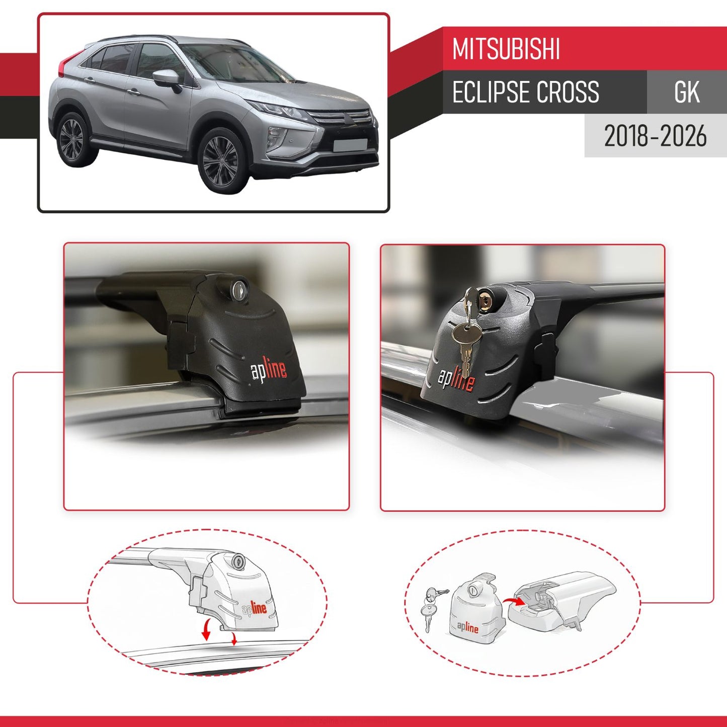 Kompatibel mit Mitsubishi Eclipse Cross (GK) 2018-2025 ACE-2 Relingträger Dachträger Auto Gepäckträger Schwarz Aluminium 2 Stangen