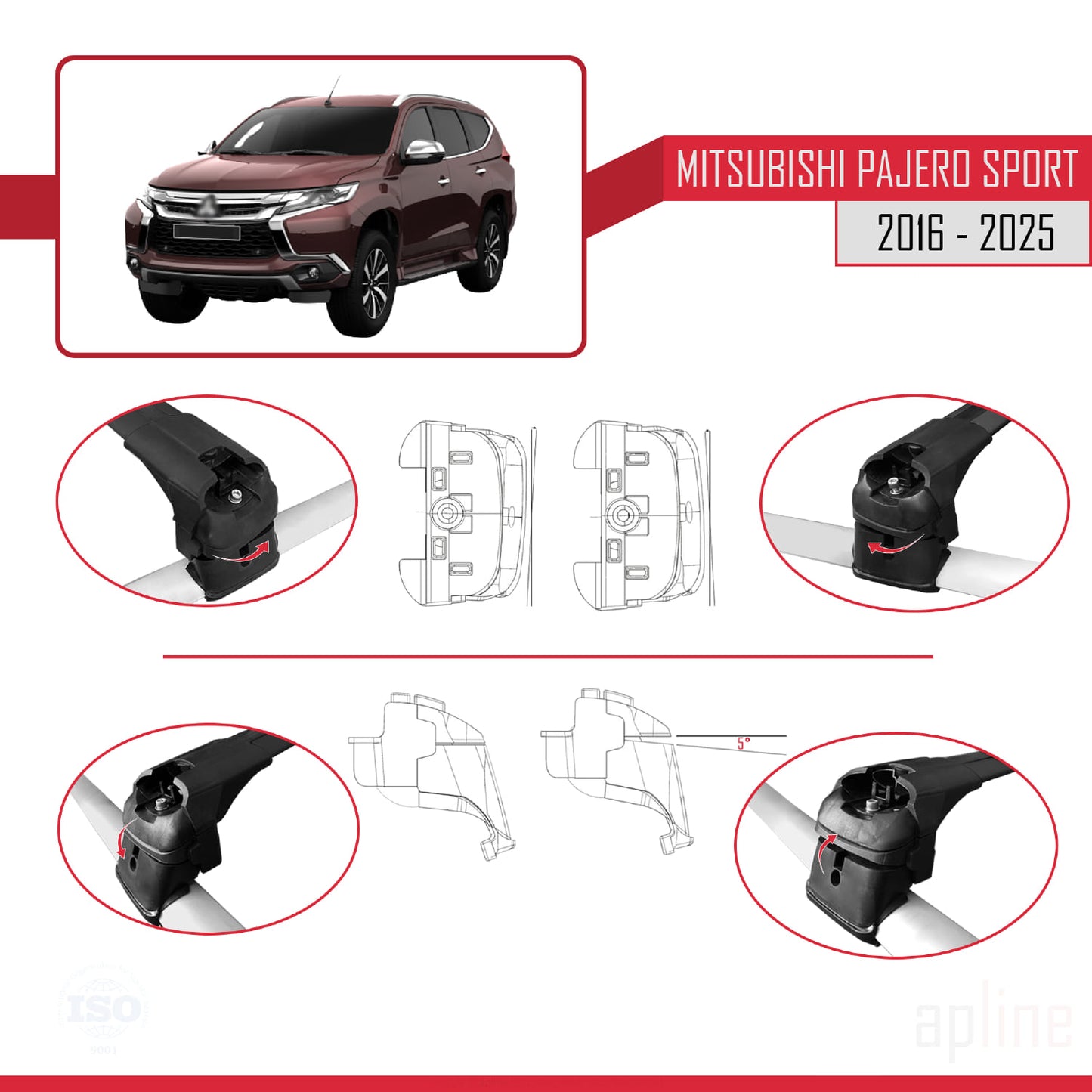 Compatible avec Mitsubishi Pajero Sport 3 2016-2025 ACE-2 Barres de Toit Railing Porte-Bagages de Voiture Noir Aluminium 2 Barres