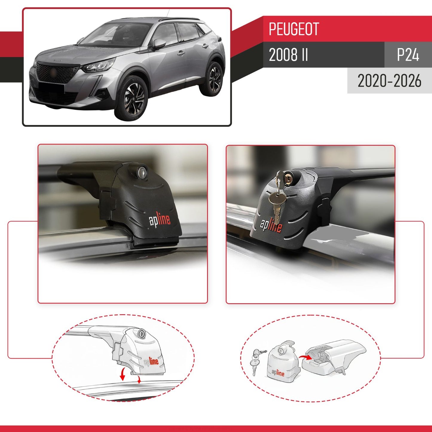 Kompatibel mit Peugeot 2008 II (P24) 2020-2025 ACE-2 Relingträger Dachträger Auto Gepäckträger Schwarz Aluminium 2 Stangen