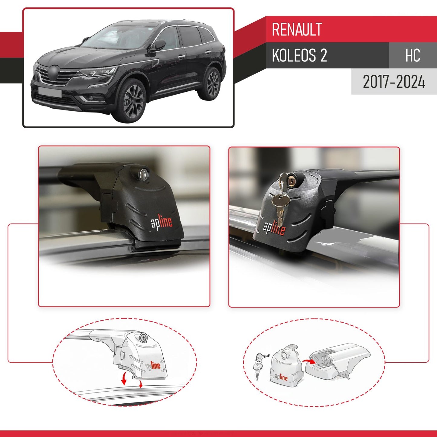 Kompatibel mit Renault Koleos 2 (HC) 2017-2024 ACE-2 Relingträger Dachträger Auto Gepäckträger Schwarz Aluminium 2 Stangen