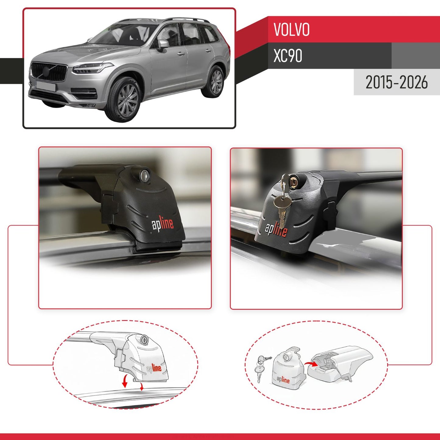 Kompatibel mit Volvo XC90 II 2015-2025 ACE-2 Relingträger Dachträger Auto Gepäckträger Schwarz Aluminium 2 Stangen