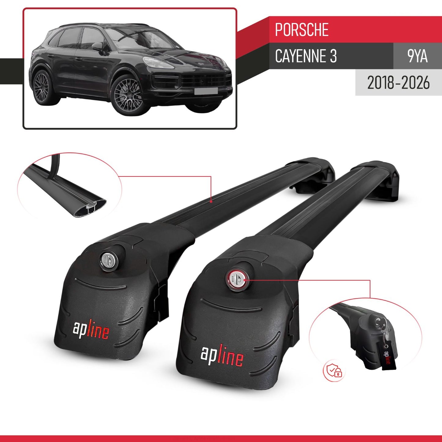 Kompatibel mit Porsche Cayenne 3 (9YA) 2018-2025 ACE-2 Relingträger Dachträger Auto Gepäckträger Schwarz Aluminium 2 Stangen