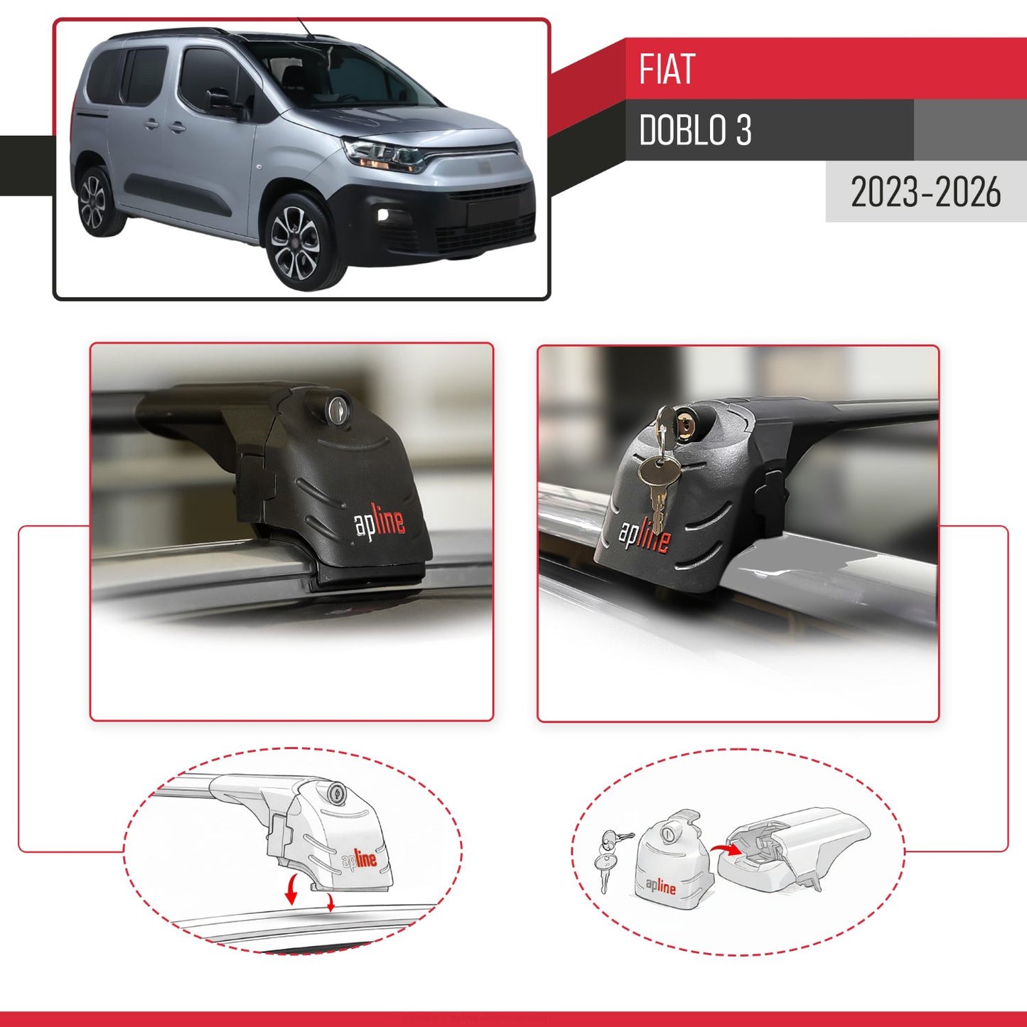 Kompatibel mit Fiat Doblo 3 2023-2025 ACE-2 Relingträger Dachträger Auto Gepäckträger Schwarz Aluminium 2 Stangen
