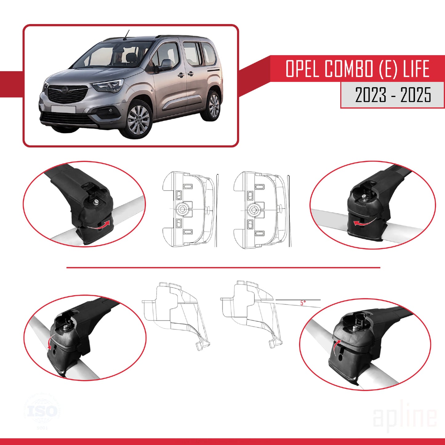 Compatible avec Opel Combo E Life 2023-2025 ACE-2 Barres de Toit Railing Porte-Bagages de Voiture Noir Aluminium 2 Barres