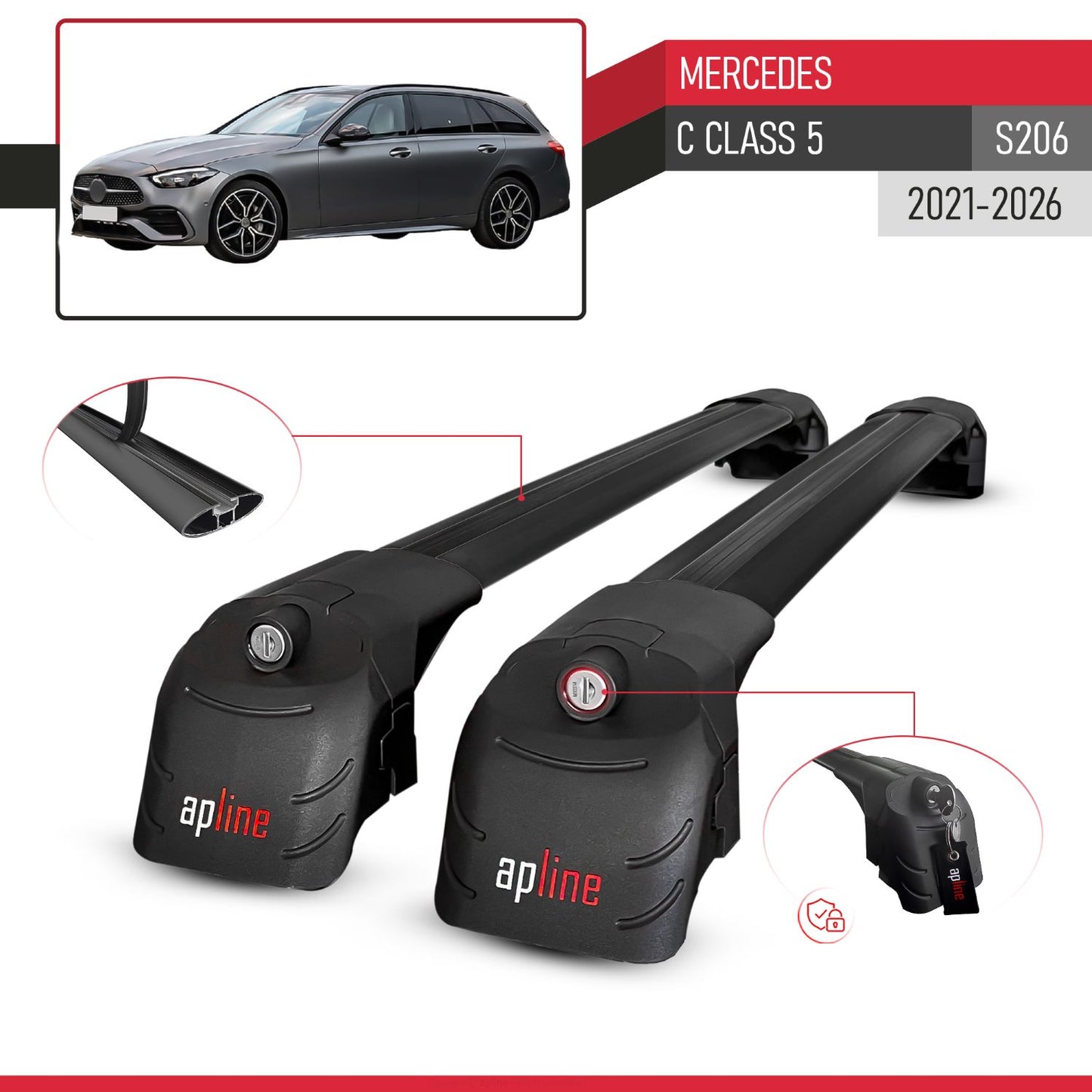 Kompatibel mit Mercedes C Klasse 5 (S206) 2022-2025 ACE-2 Relingträger Dachträger Auto Gepäckträger Schwarz Aluminium 2 Stangen