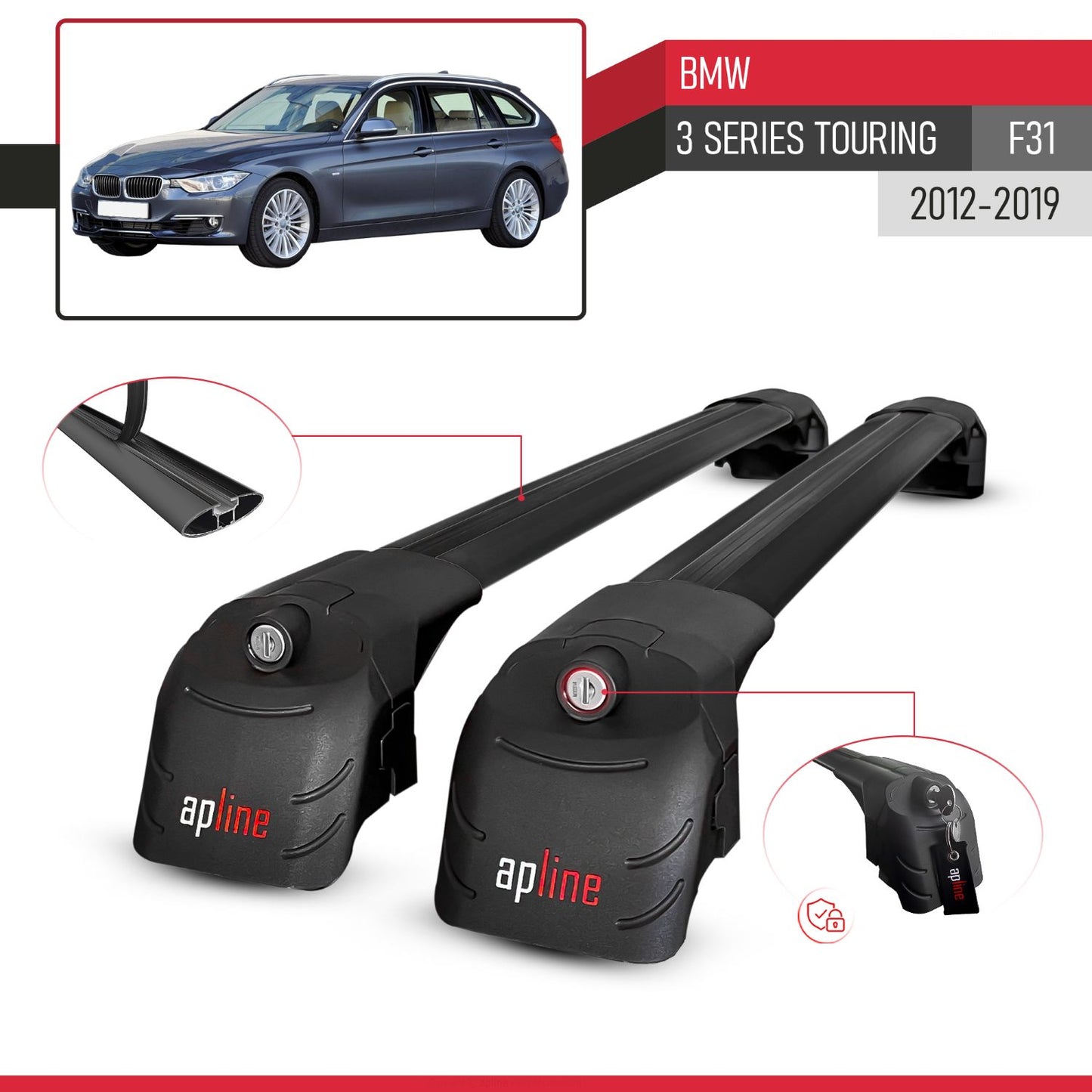 Kompatibel mit BMW 3er Serie (F31) Touring 2012-2019 ACE-2 Relingträger Dachträger Auto Gepäckträger Schwarz Aluminium 2 Stangen