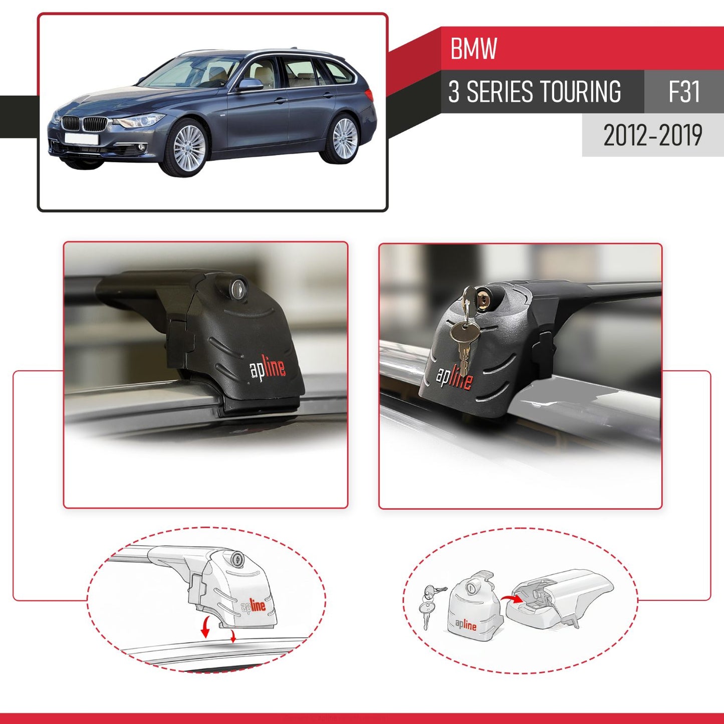 Kompatibel mit BMW 3er Serie (F31) Touring 2012-2019 ACE-2 Relingträger Dachträger Auto Gepäckträger Schwarz Aluminium 2 Stangen