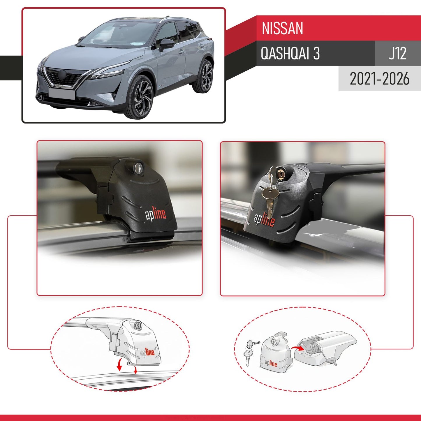 Kompatibel mit Nissan Qashqai 3 (J12) 2022-2025 ACE-2 Relingträger Dachträger Auto Gepäckträger Schwarz Aluminium 2 Stangen